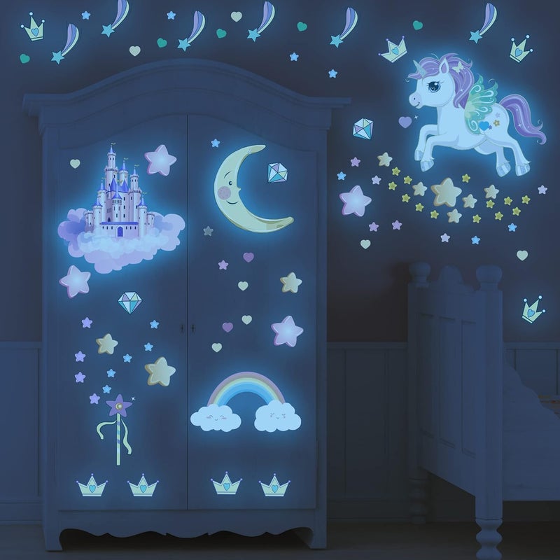 Robmoda Glow in The Dark Stars and Unicorn Wall Decals, Glowing Castle Moon and Rainbow Stickers, 174 pcs Luminous Ceiling Decor for Kids Bedroom, Decoration for Girls and Boys Room (Blue) - Image 2